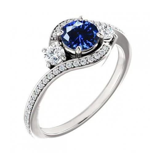 Zaffiro Blu Ceylon E Diamante Anello Oro Bianco 14K
