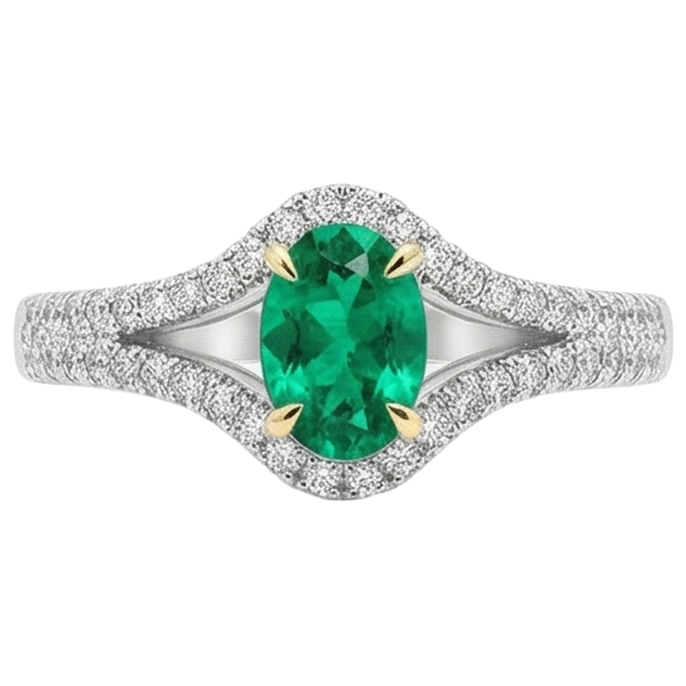 Anello Pietra Colorata Oro 14 Carati Bicolore con Smeraldo Colombiano – vista angolare