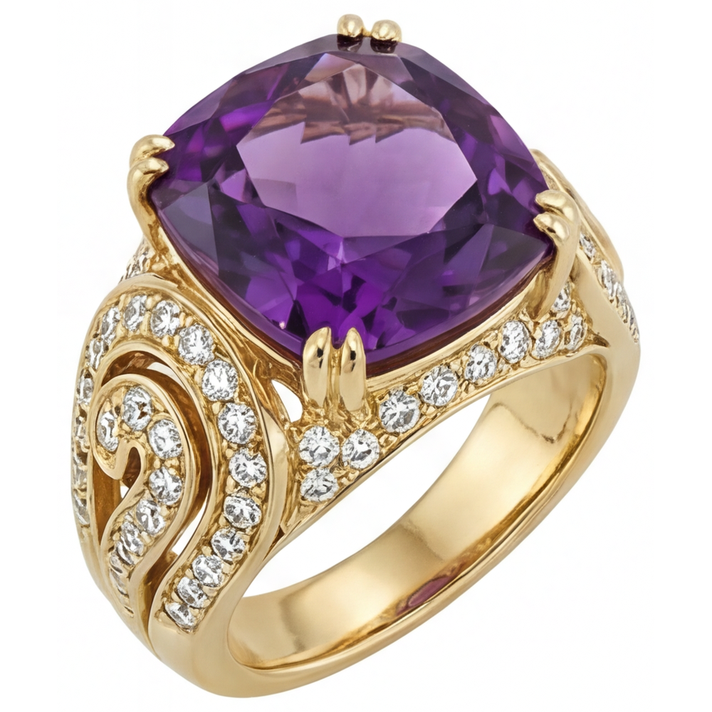 Ametista Taglio Cushion Anello con Pietra Preziosa in Oro Giallo 14K – vista frontale