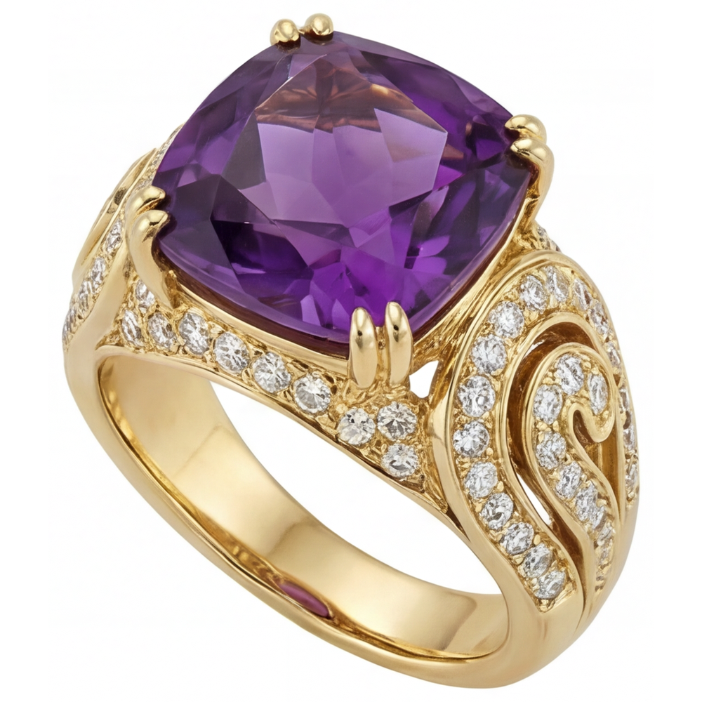 Anello con Pietra Preziosa Oro Giallo 14K con Ametista – vista laterale
