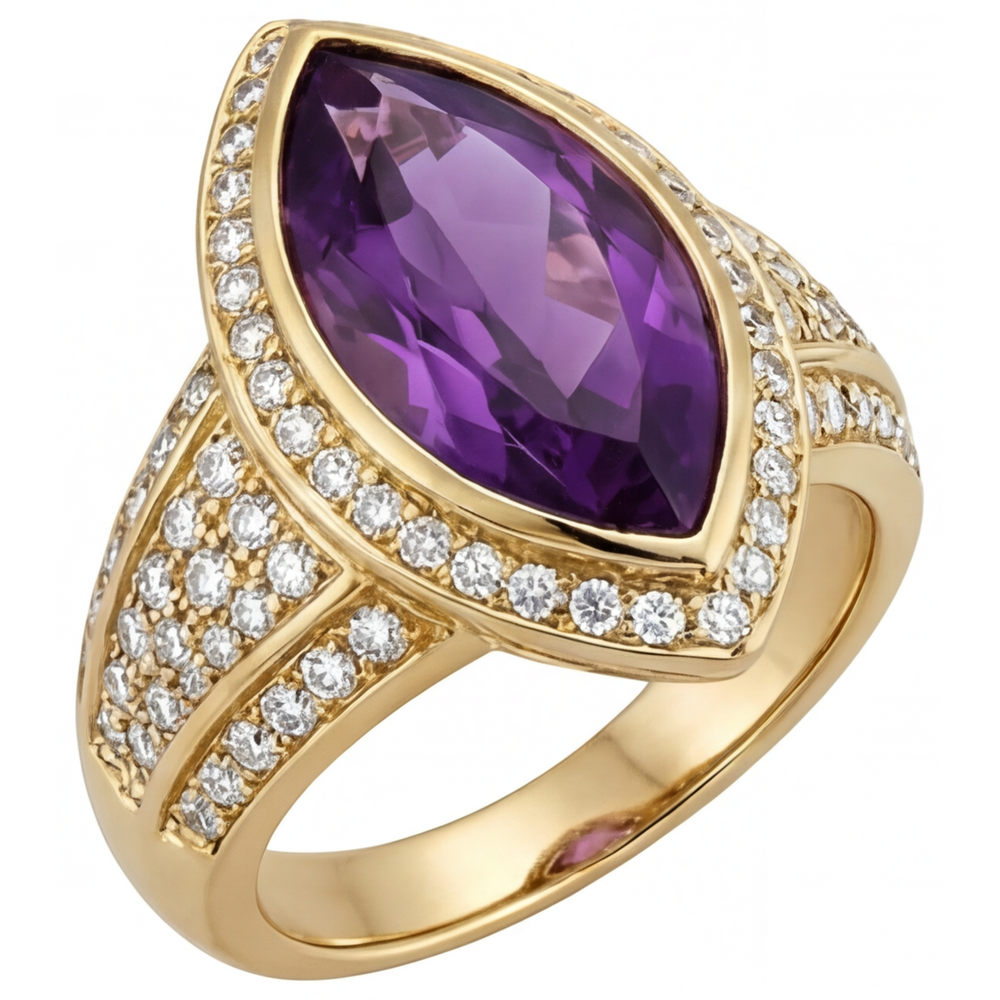 Anello con Pietra Preziosa Oro Giallo 14K con Ametista – vista laterale