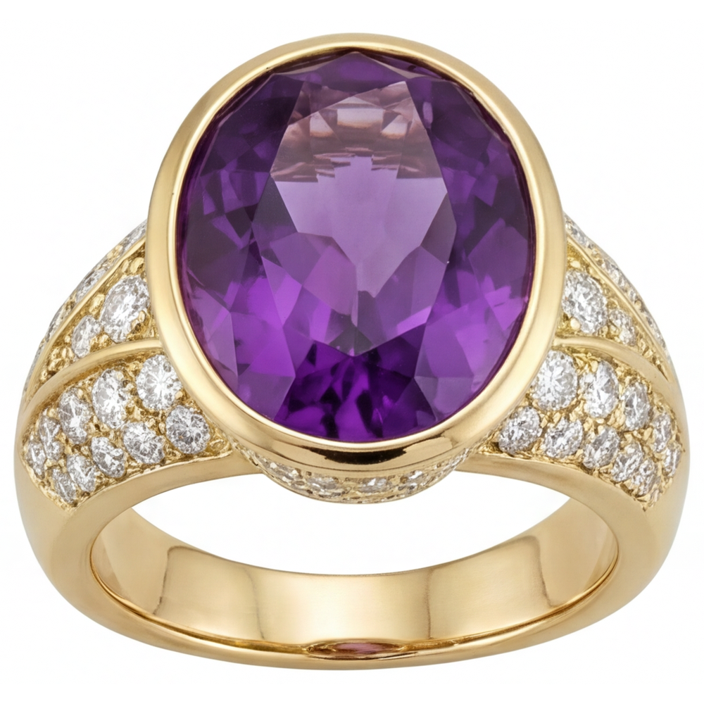 Anello Pietra Colorata Oro Giallo 14K con Ametista Viola – vista frontale