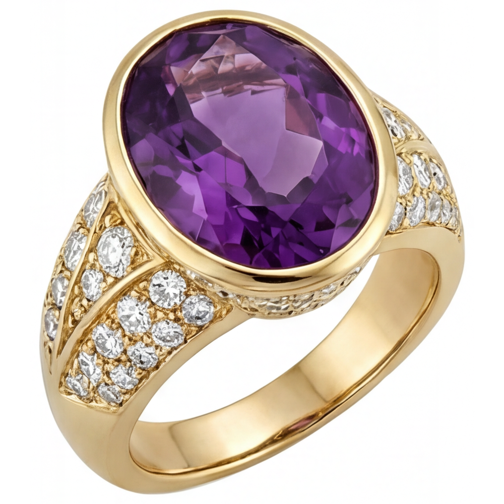 Ovale Ametista Viola anello in Oro Giallo 14K – vista laterale