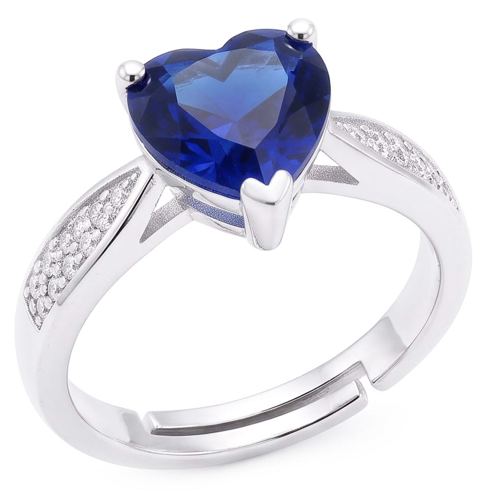 anello a cuore con diamanti a gambo affusolato in zaffiro blu da 2 carati