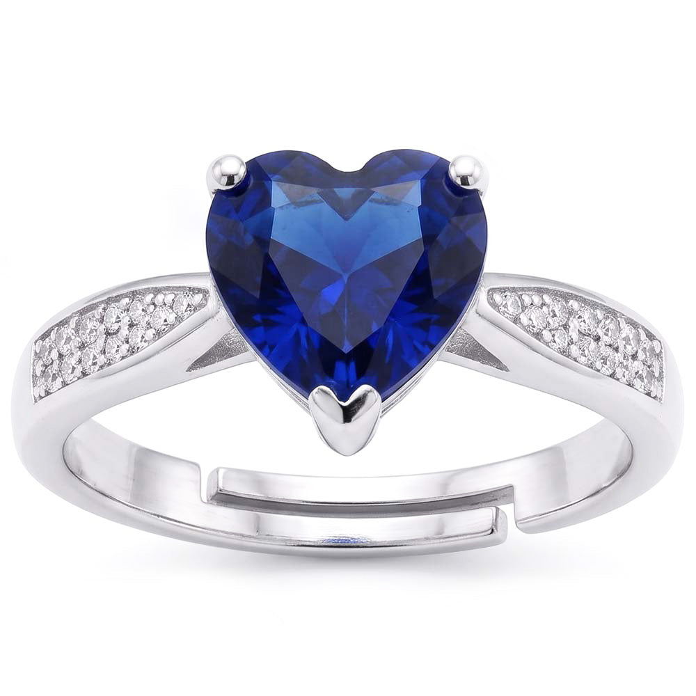 anello a cuore con diamanti a gambo affusolato in zaffiro blu da 2 carati