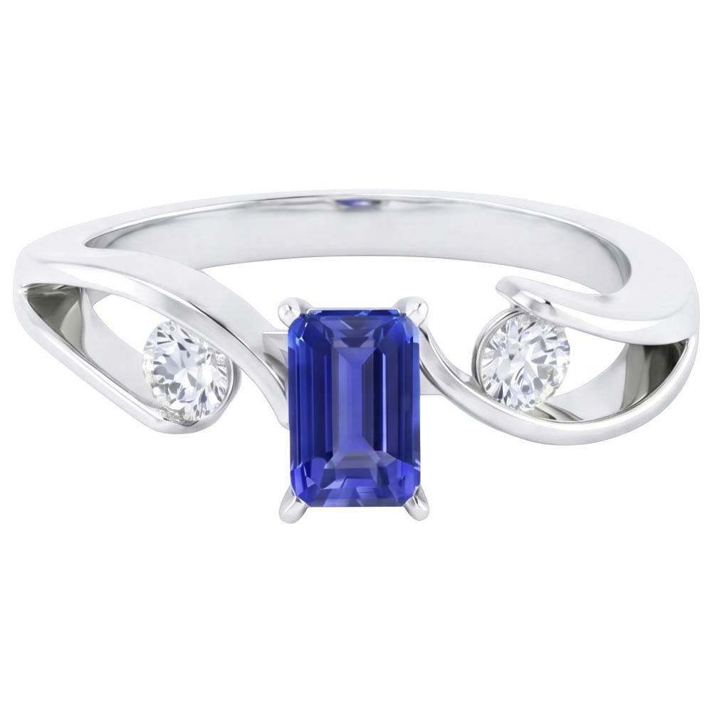 anello a tensione con zaffiro blu smeraldo da 2,50 carati e diamanti 3 pietre