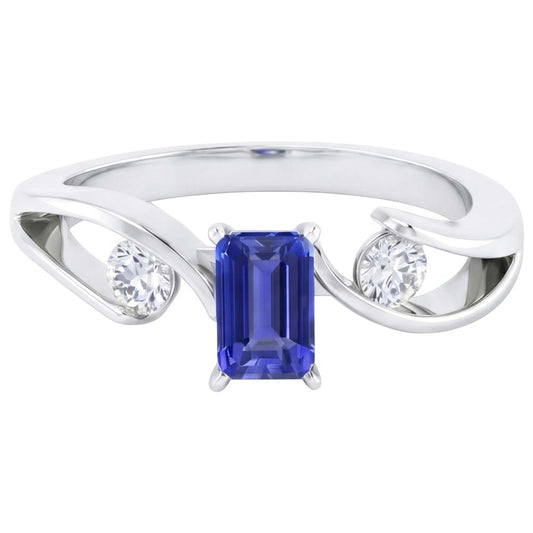 anello a tensione con zaffiro blu smeraldo da 2,50 carati e diamanti 3 pietre