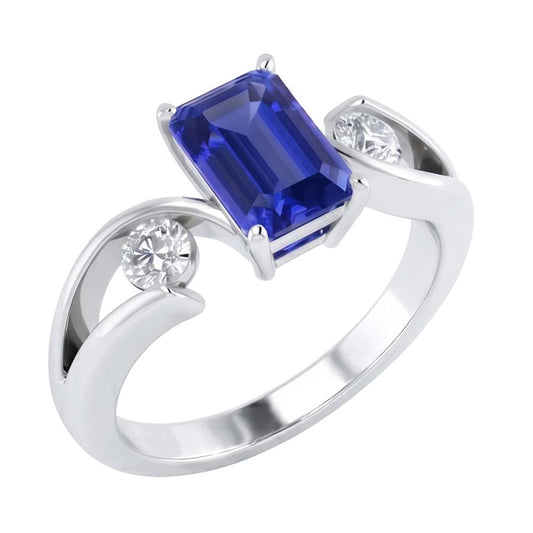 anello a tensione con zaffiro blu smeraldo da 2,50 carati e diamanti 3 pietre