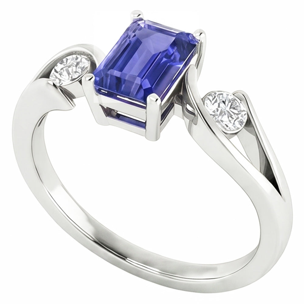 anello a tensione con zaffiro blu smeraldo da 2,50 carati e diamanti 3 pietre