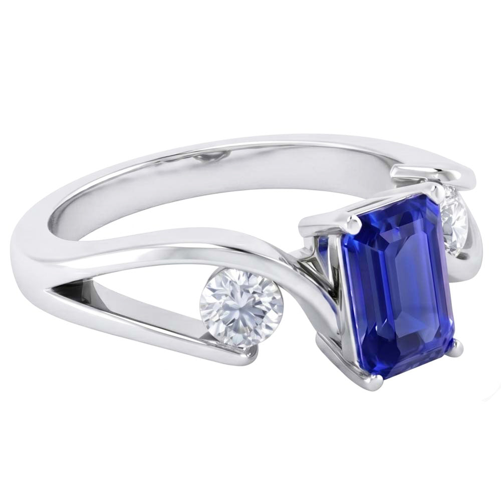 anello a tensione con zaffiro blu smeraldo da 2,50 carati e diamanti 3 pietre