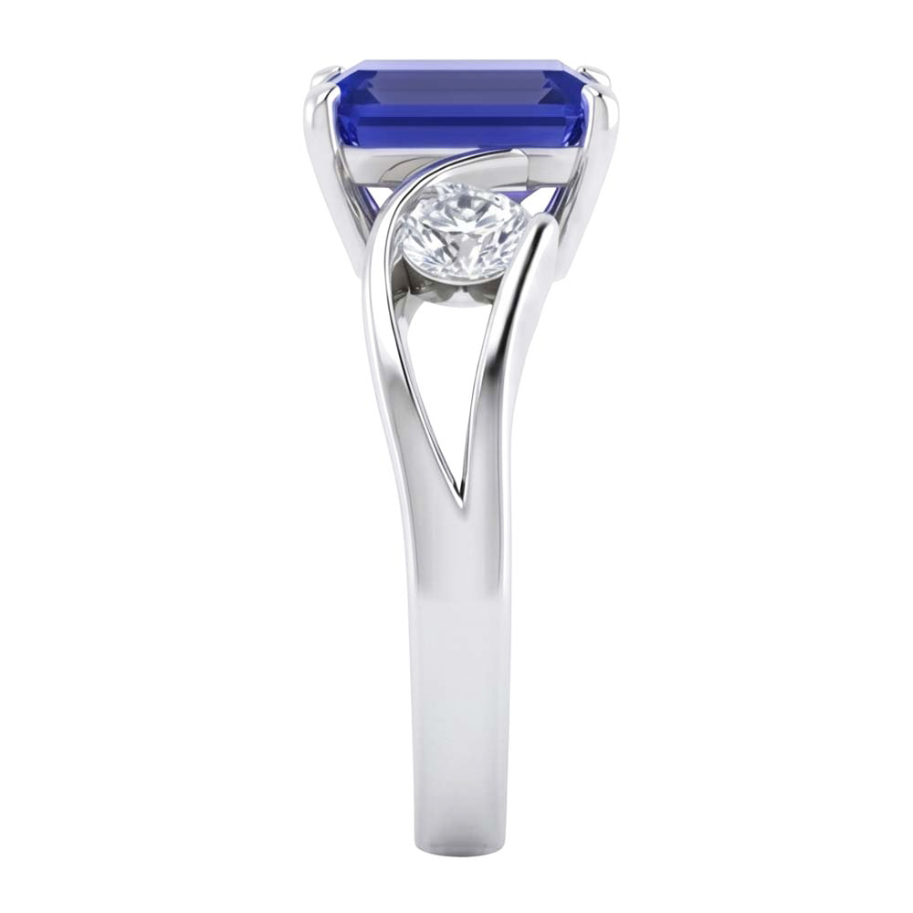 anello a tensione con zaffiro blu smeraldo da 2,50 carati e diamanti 3 pietre
