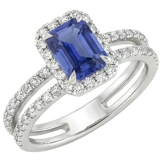anello alone con zaffiro blu smeraldo 5 carati e diamante oro bianco 14K