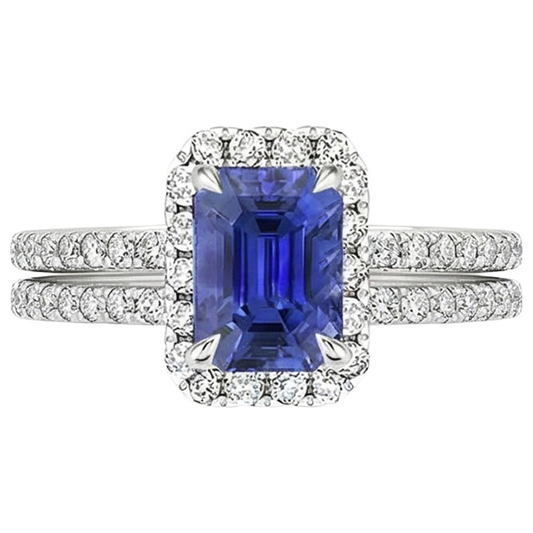 anello alone con zaffiro blu smeraldo 5 carati e diamante oro bianco 14K