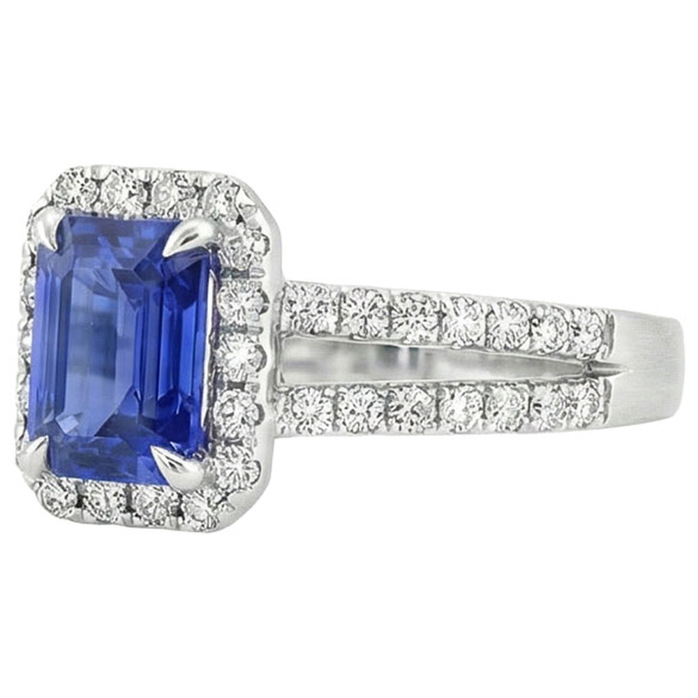 anello alone con zaffiro blu smeraldo 5 carati e diamante oro bianco 14K