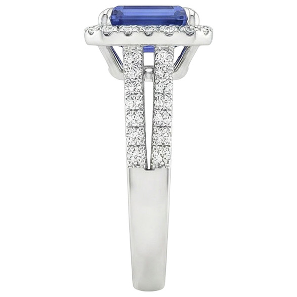 anello alone con zaffiro blu smeraldo 5 carati e diamante oro bianco 14K