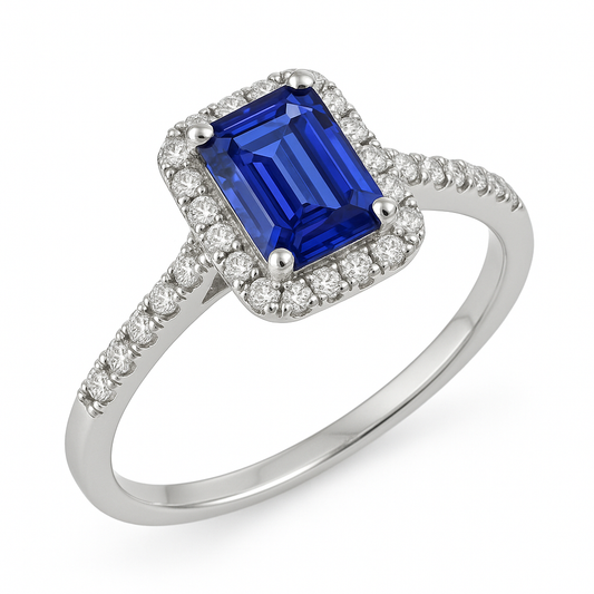 anello alone con zaffiro blu taglio smeraldo da 4,25 carati e diamante