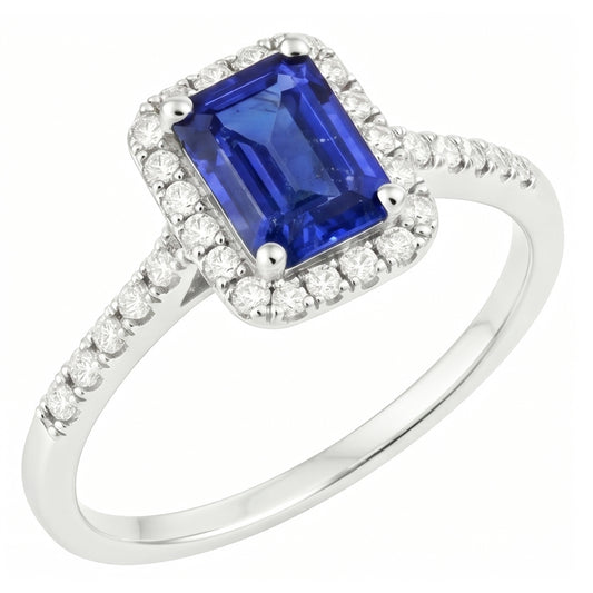 anello alone con zaffiro blu taglio smeraldo da 4,25 carati e diamante