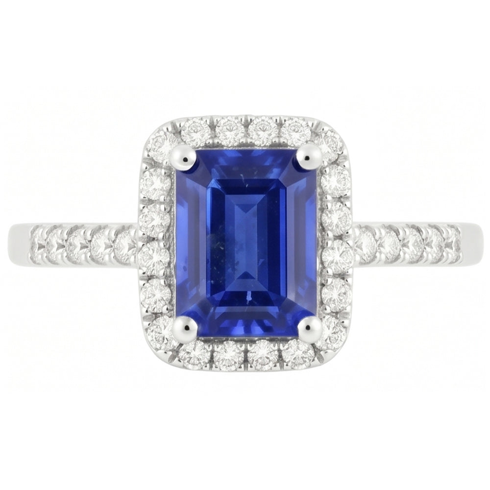 anello alone con zaffiro blu taglio smeraldo da 4,25 carati e diamante