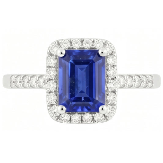anello alone con zaffiro blu taglio smeraldo da 4,25 carati e diamante