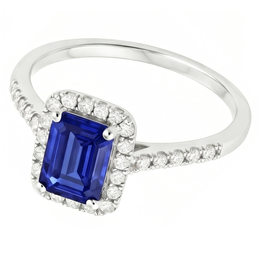 anello alone con zaffiro blu taglio smeraldo da 4,25 carati e diamante