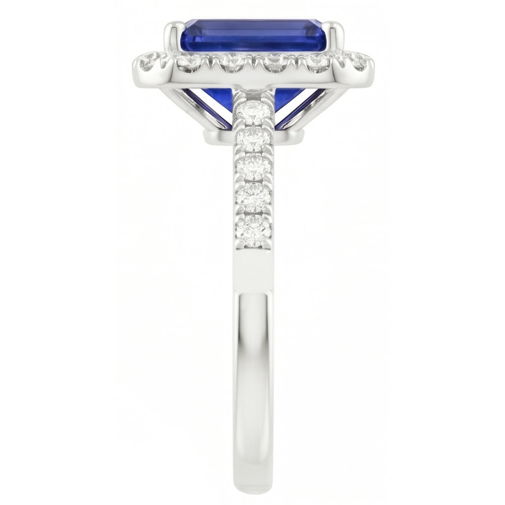anello alone con zaffiro blu taglio smeraldo da 4,25 carati e diamante