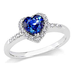 anello con diamanti tondi con zaffiri blu di Ceylon taglio cuore da 1,25 ct e Oro Bianco 14K