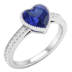 anello con lunetta a forma di cuore di 2 carati con diamante zaffiro dello Sri Lanka in oro bianco 14K