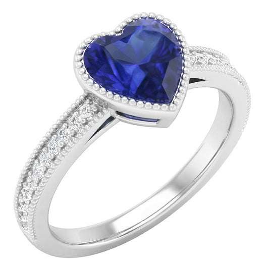 anello con lunetta a forma di cuore di 2 carati con diamante zaffiro dello Sri Lanka in oro bianco 14K