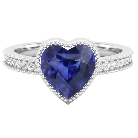 anello con lunetta a forma di cuore di 2 carati con diamante zaffiro dello Sri Lanka in oro bianco 14K