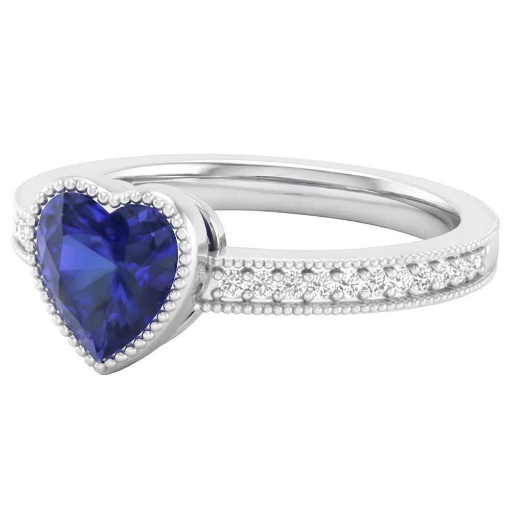 anello con lunetta a forma di cuore di 2 carati con diamante zaffiro dello Sri Lanka in oro bianco 14K