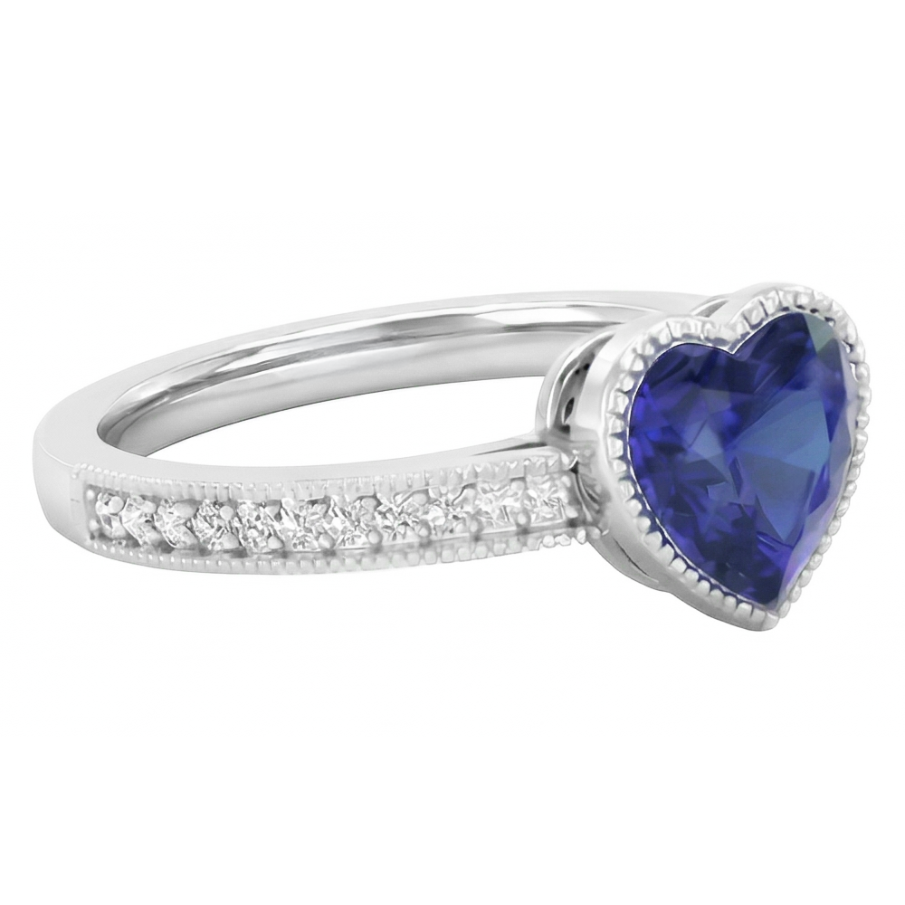anello con lunetta a forma di cuore di 2 carati con diamante zaffiro dello Sri Lanka in oro bianco 14K
