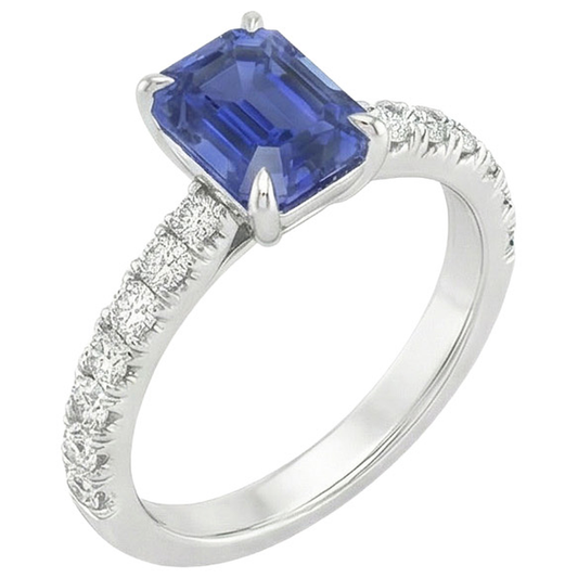 anello con zaffiro Smeraldo Ceylon 4,25 carati e Pavé di diamanti in oro bianco 14K