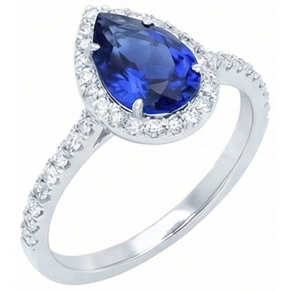 anello con zaffiro blu dello Sri Lanka taglio a pera da 2,30 carati e diamante rotondo