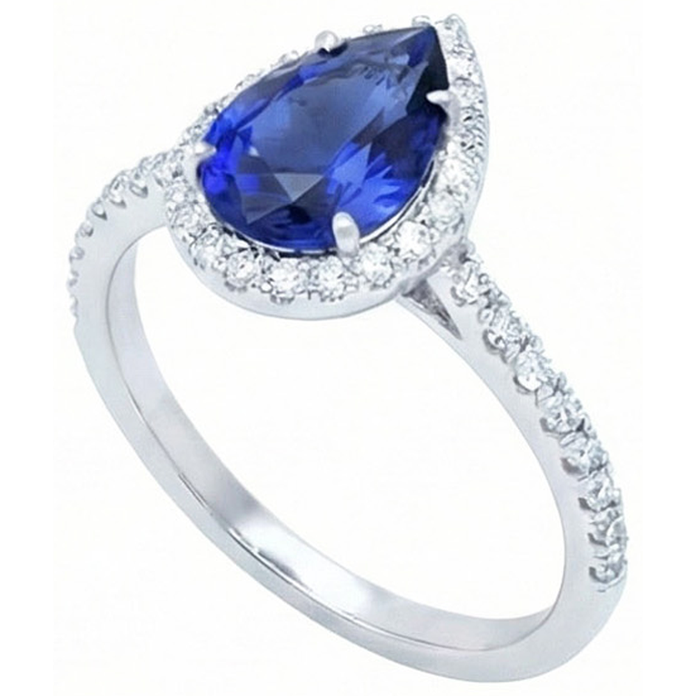 anello con zaffiro blu dello Sri Lanka taglio a pera da 2,30 carati e diamante rotondo