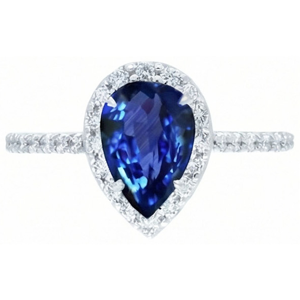 anello con zaffiro blu dello Sri Lanka taglio a pera da 2,30 carati e diamante rotondo
