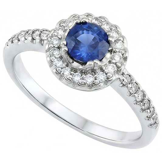 anello con zaffiro blu e diamanti dello Sri Lanka da 1,60 ct con oro bianco 14K