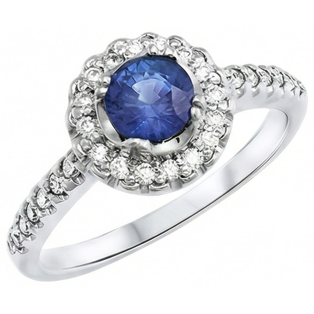 anello con zaffiro blu e diamanti dello Sri Lanka da 1,60 ct con oro bianco 14K