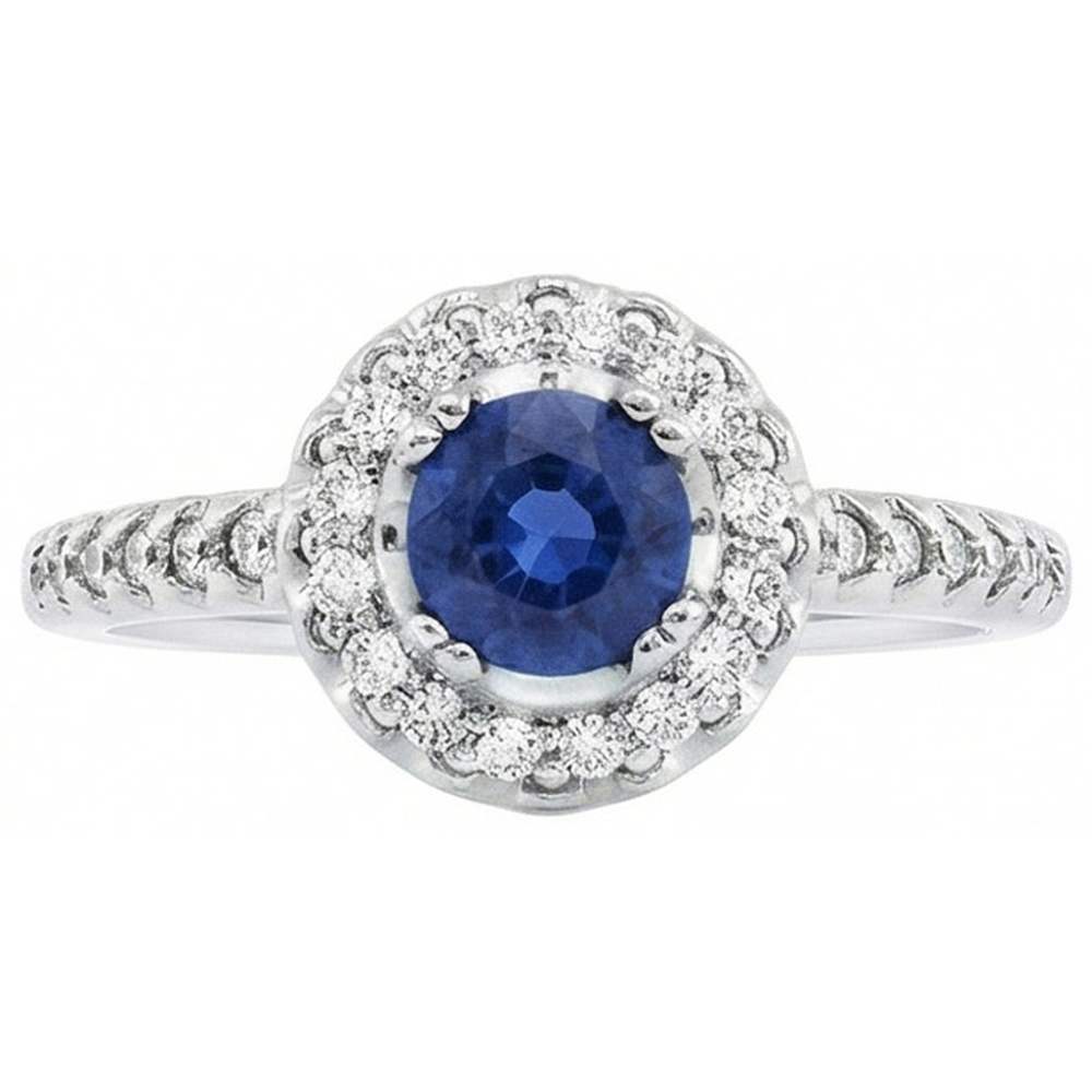 anello con zaffiro blu e diamanti dello Sri Lanka da 1,60 ct con oro bianco 14K