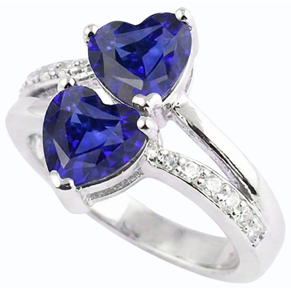 anello cuore con 3,50 carati Zaffiro blu diamante 2 pietre con gambo diviso