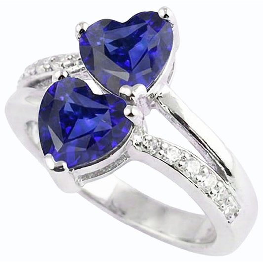 anello cuore con 3,50 carati Zaffiro blu diamante 2 pietre con gambo diviso