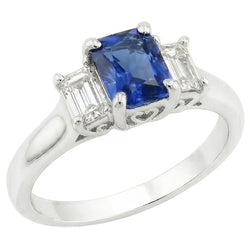 anello da donna con 3 diamanti e zaffiro. set di artigli a forma di U da 1,25 carati con oro bianco 14K