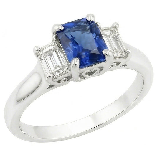 anello da donna con 3 diamanti e zaffiro. set di artigli a forma di U da 1,25 carati con oro bianco 14K