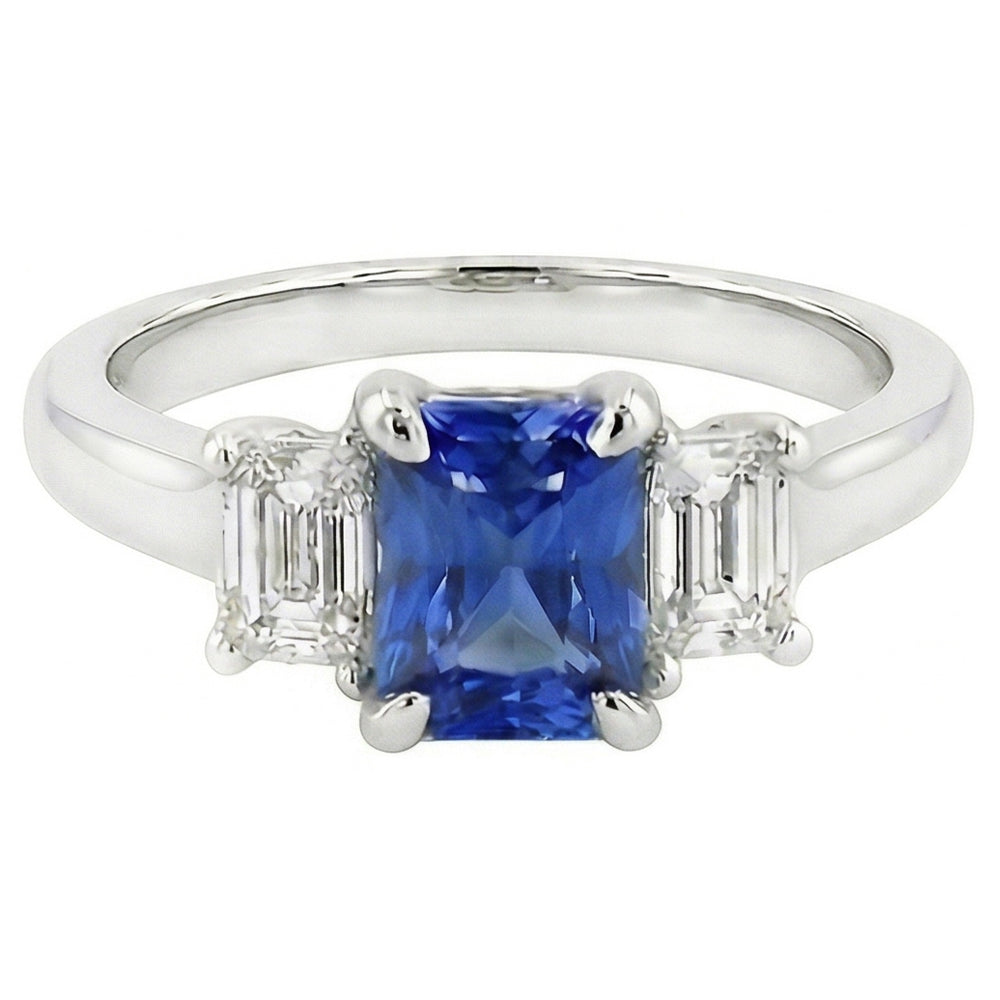 anello da donna con 3 diamanti e zaffiro. set di artigli a forma di U da 1,25 carati con oro bianco 14K