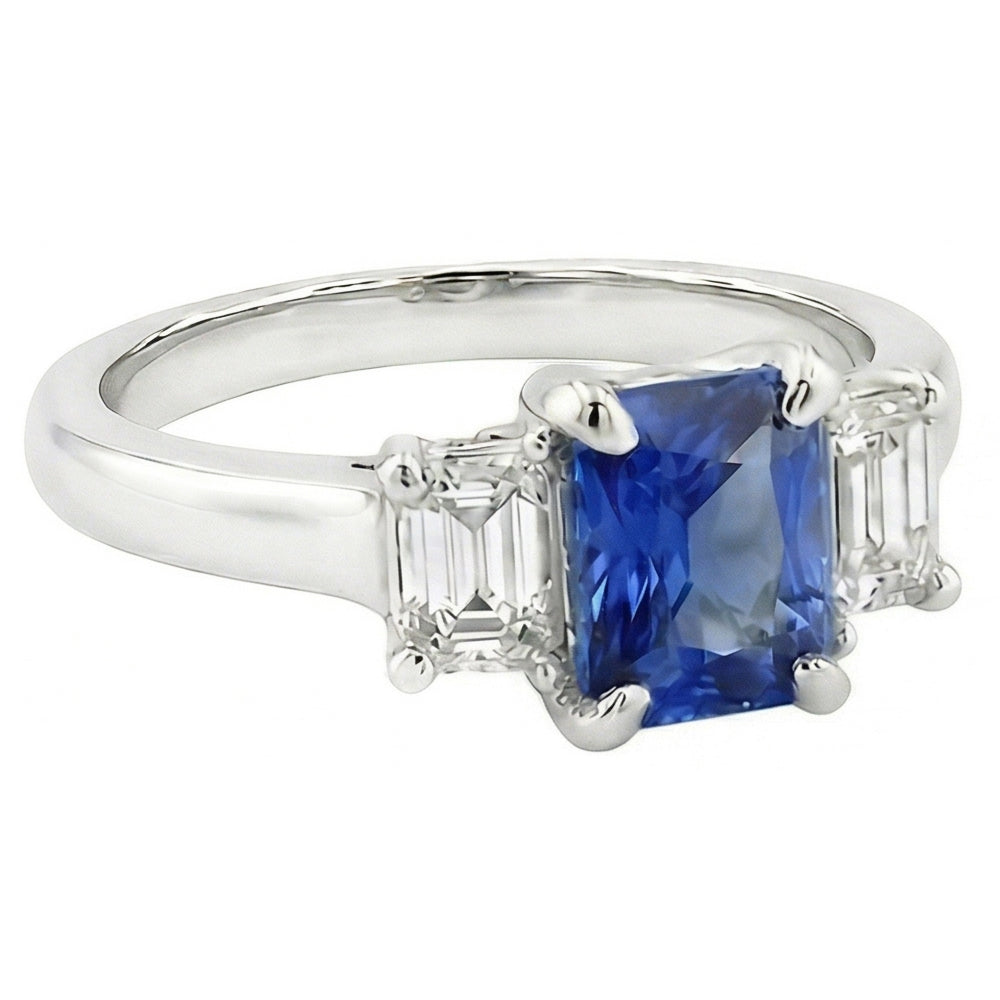 anello da donna con 3 diamanti e zaffiro. set di artigli a forma di U da 1,25 carati con oro bianco 14K