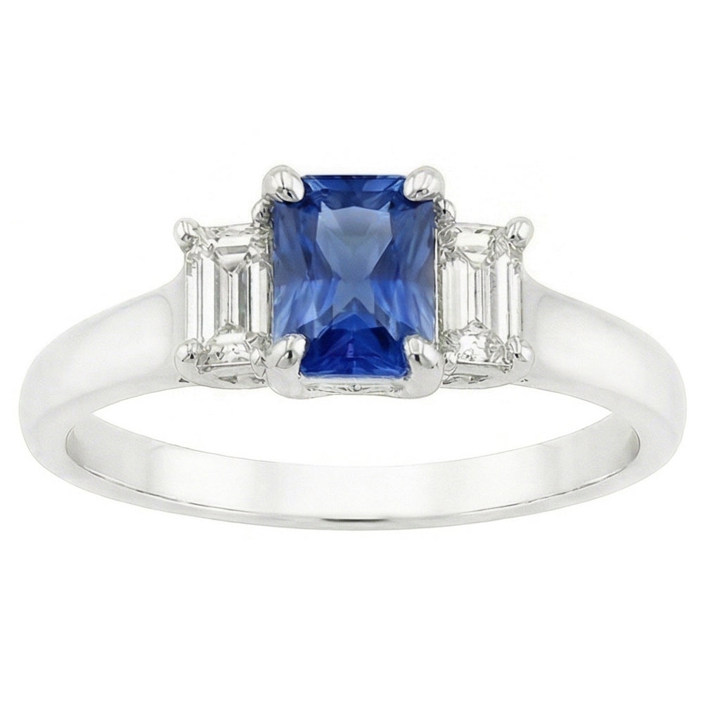 anello da donna con 3 diamanti e zaffiro. set di artigli a forma di U da 1,25 carati con oro bianco 14K