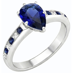 anello di fidanzamento con zaffiri blu 2 carati e diamanti Pear in oro bianco 14K