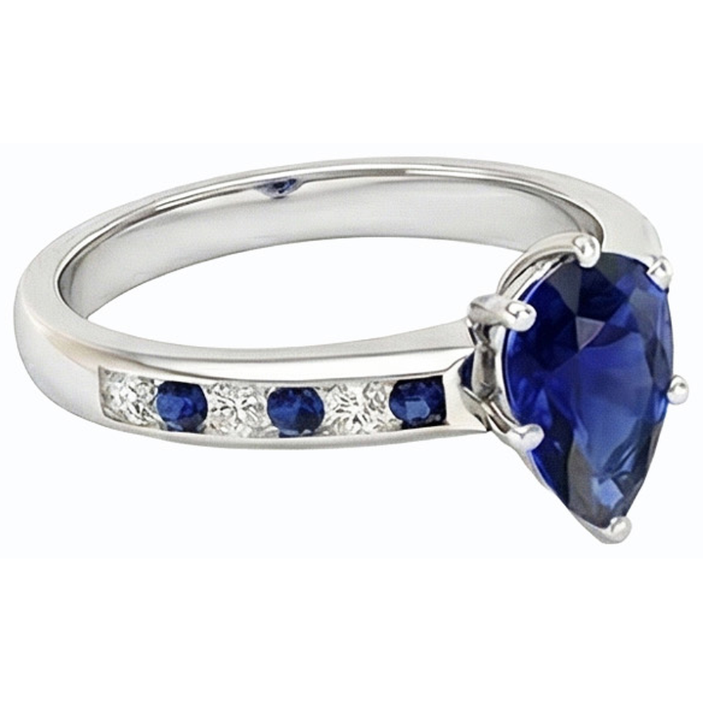 anello di fidanzamento con zaffiri blu 2 carati e diamanti Pear in oro bianco 14K