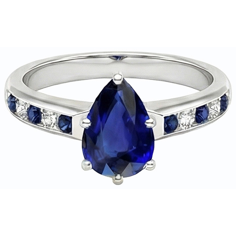 anello di fidanzamento con zaffiri blu 2 carati e diamanti Pear in oro bianco 14K