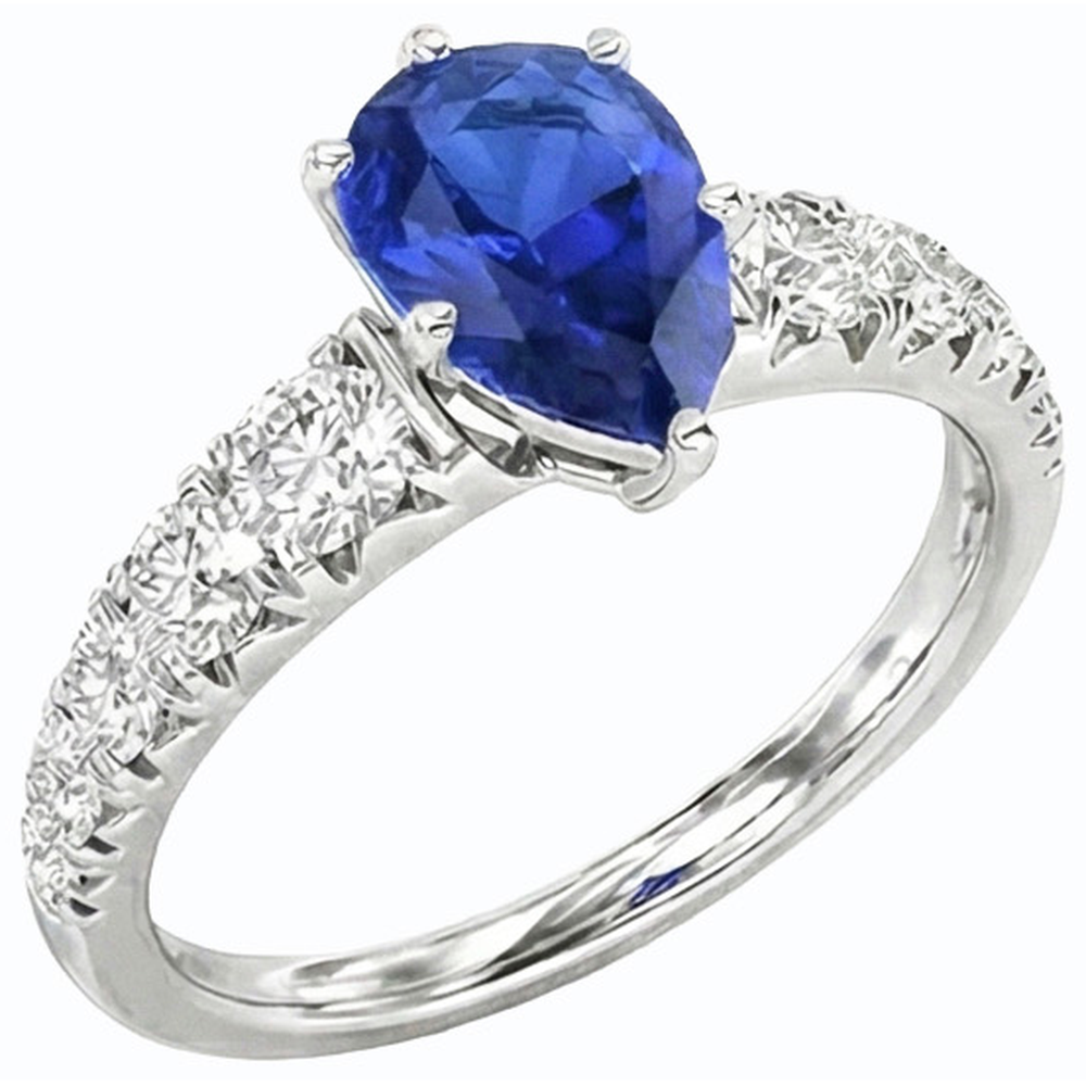 anello di fidanzamento con zaffiro blu da 3,50 carati Diamanti Naturali Autentici ( non creati in laboratorio ) a forma di pera in oro bianco 14K