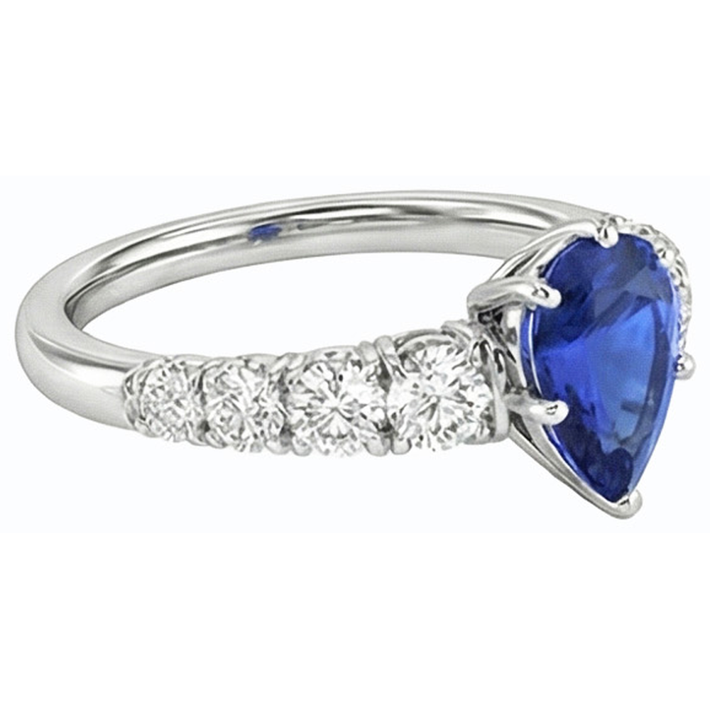 anello di fidanzamento con zaffiro blu da 3,50 carati Diamanti Naturali Autentici ( non creati in laboratorio ) a forma di pera in oro bianco 14K
